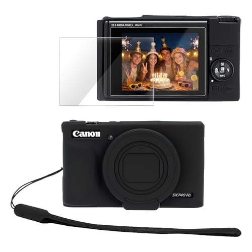 Image of PROfezzion for Canon PowerShot SX740 hs Silicone Case Protective Cover, Slim Fit Jacket Sleeve Accessories with Glass Screen Protector and Wrist Strap for Canon PowerShot SX740 Camera - Black