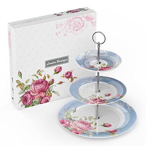 Image of London Boutique Cake Stand 3 Tier Afternoon Tea Cake Stands Plates New Bone China Vintage Flora for Tea Party High tea at Home Gift for Her (Blue)
