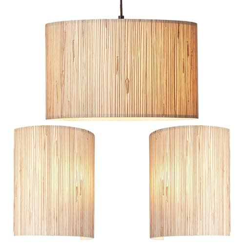 Image of Ceiling Pendant Lamp & 2X Matching Wall Lights - Dimmable Natural Seagrass Drum Shades