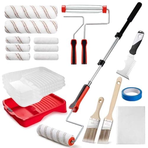 Image of Mister Rui Paint Roller with Extension Pole, 9 Inch Paint Roller Set for Painting, Paint Brush, Paint Rollers and Trays, Comb, Tape – Professional Painting Tools Kit 20 Pcs