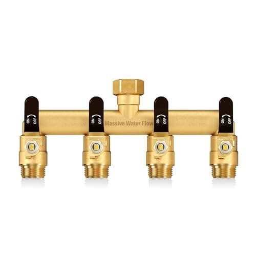 Image of HugWaFlw Outdoor Tap Splitter, Garden Hose Splitter 4-way, 3/4 Inch Tap Connector, Solid Brass Large Flow Hose Splitter 4-way, Enables Four-way Diversion of The Water Tap-Black Grip
