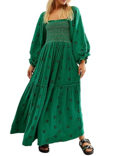 Image of Acrawnni Women's Flower Embroidered Maxi Dress Long Puff Sleeve Square Neck Smocked Tiered Bohemian Flowy Dress Beach Long Dress (A-Dark Green, L)