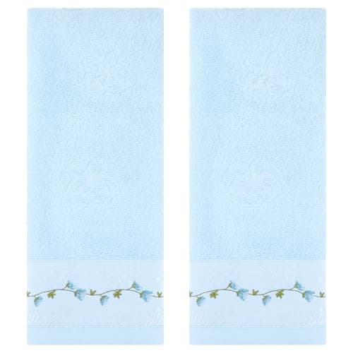 Image of HMETOL Floral Embroidered Hand Towels for Bathroom, 34 x 74 cm Soft Absorbent Decorative Towel for Bath, Kitchen, Spa, Gym Blue Pack of 2
