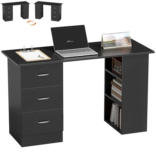 Image of HOMCOM Computer Desk with Drawers, Home Office Desk, Writing Table, PC Workstation with 3 Storage Shelves for Working, Study, 120 x 49 x 72 cm, Black