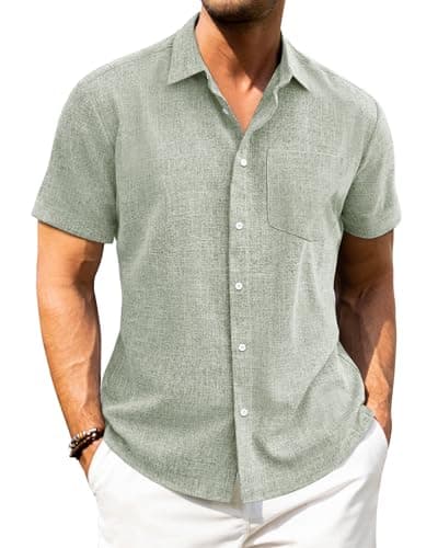 Image of J.VER Mens Linen Shirts Short Sleeve Green Casual Summer Beach Holiday Regular Fit Button Down Shirt 2XL