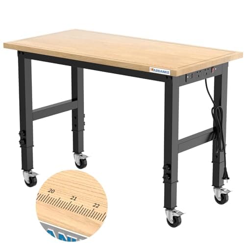 Image of LARBANKE 120 cm Heavy-Duty Workbench with Adjustable 5 Heights, Rubber Wood, Over 900 kg Weight Capacity, for Workshop, Garage, Office, and Home