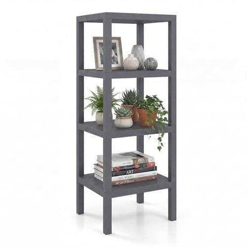 Image of SFAREST 4-Tier Corner Bookshelf, Freestanding Display Rack Shelf Stand with Open Slatted Shelves, Narrow Ladder Storage Organizer Unit for Home Office Living Room Kitchen Bathroom (Grey, Rectangle)