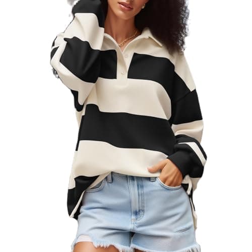 Image of Amiblvowa Rugby Shirt Women Striped Collared Long Sleeve Polo Shirts Oversized Color Block Sweatshirt Vintage Pullover Top, Black, M