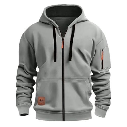 Image of NSICBMNO Gray Mens Zip Up Hoodie With Zipped Pocket Fleece Lined Jacket Long Sleeve Sweatshirt Travel Hoodie Lightweight Winter Jacket Hooded Sweatshirts Oversized Hoodies Jumper Hoody Tops Xl