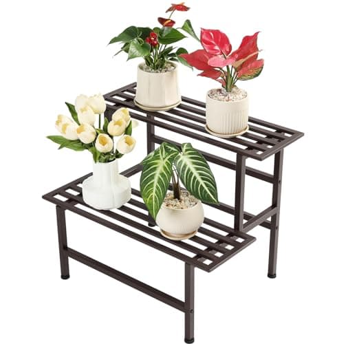 Image of Zoapion Metal Plant Stand Outdoor Plant Shelf Indoor,2 Tier Heavy Duty Ladder Plant Stands for Multiple Plants,26" L x 20.25" H x 17.75" W,Coffee