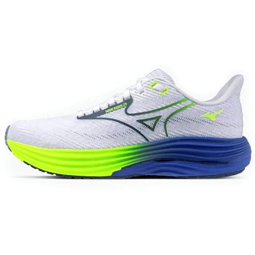 Image of Mizuno Wave Rider 29 Men's Running Shoes, White/Estate Blue/Lightning Yellow - 9.5 UK