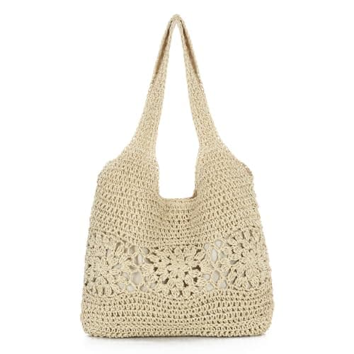 Image of EVEOUT Women Straw Tote Bag Summer Woven Beach Bag Large Boho Faux Raffia Shoulder Bag for Holiday Travel