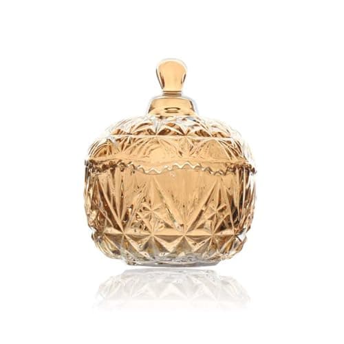 Image of Crystal Glass Candy Dish with Lid Clear Amber Decorative Covered Cookie Jar Storage Container Bowl Jewelry Box for Wedding Party Home Display (10.5x14cm)