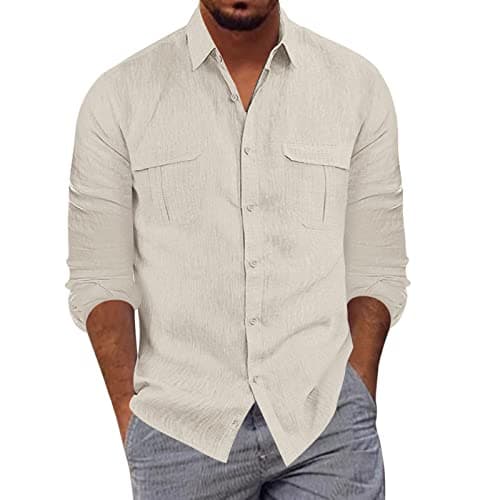 Image of Men's Cotton Linen Shirt Long Sleeve, Summer Shirts for Men Casual Men's Fashion Casual Buttoned Lapel Shirt Solid Color T-Shirt with Pockets Long-Sleeved Shirt Tops Regular Fit Heavy Shirts Beige