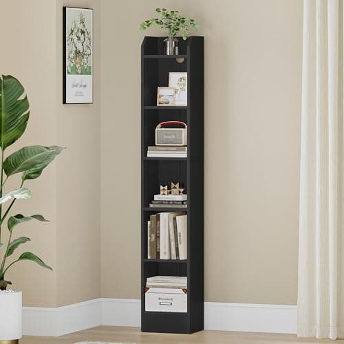 Image of Hzuaneri Bookcase, 6-Tier Narrow Tall Bookshelf, Wooden Bookshelf with Adjustable Shelf, Open Storage Shelf for Bedroom, Living Room, Home Office, 24 x 30 x 169.5 cm, Black, BC06904X