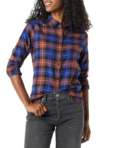Image of Amazon Essentials Women's Classic-Fit Long-Sleeve Lightweight Plaid Flannel Shirt, Multicolor Windowpane, X-Large