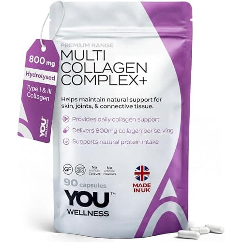 Image of Multi Collagen Supplements for Women & Men – 800mg Hydrolysed Type I & III Collagen Peptides Capsules for Skin, Hair & Nails – Collagen Complex with Hyaluronic Acid, Vitamin C & Biotin – 90 Capsules
