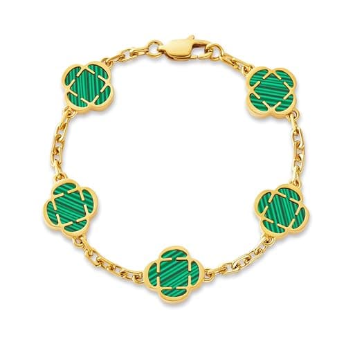 Image of CRAFTD - Green Malachite Clover Stone Gold Bracelet - Durable 18K Gold & 316L Stainless Steel - Waterproof, Heat & Sweat Resistant - Gifts for Men - Men's Jewellery - Length 22cm