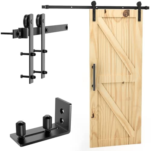 Image of Signstek 6.6FT/200CM Sliding Barn Kit for Interior Wooden Sliding Wardrobe Track - Hardware Black with Floor Guide (I-Shaped Hanger)