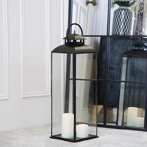 Image of Large Black Metal Candle Lantern - Vintage/Modern Tall Tower Decorative Candle Holder For Living Room, Indoor, Outdoor, Parties & Weddings
