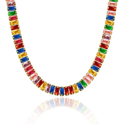 Image of KissYan Gold Tennis Necklace for Women, 14K Gold Plated Diamond Cubic Zirconia Multicolor Baguette Tennis Chain Adjustable Choker Dainty Jewelry Gifts(56)