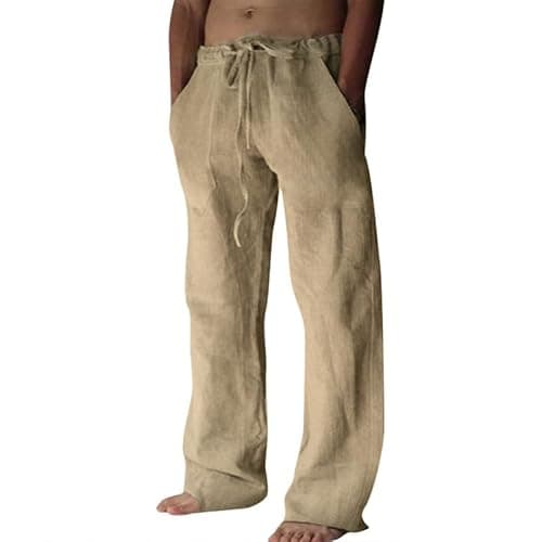 Image of Litthing Men Linen Trousers Cotton Jogging Bottoms Casual Summer Pants with Pockets Loose Fit Drawstring Elastic Waist Trouser Comfortable Lightweight Khaki