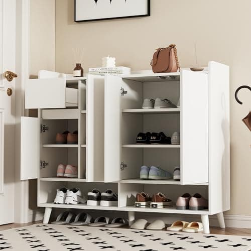 Image of Modern White Credenza with 4 Doors & 1 Der Adjustable Shelf for Living Room Sto Slish 129 x 35 x 99 cm Console Cabinet Multifunctal