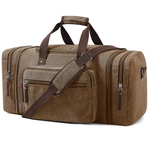 Image of EKOROMIER 70L Large Canvas Travel Holdall for Men – Expandable Duffel Bag – Extra Spacious Weekend Bag for Holidays, Gym & Long Trips – Coffee