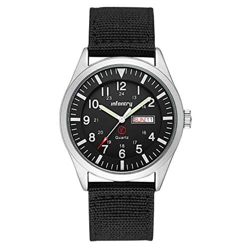 Image of Infantry Mens Military Army Watch - Gents Silver Case Analogue Tactical Wristwatch, 12/24 Hour Military Time with Day Date, 5ATM Waterproof Outdoor Field Watch, Durable Nylon Strap