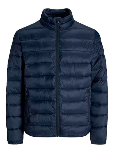 Image of JACK & JONES Mens Quilted Jacket Windproof 100% Nylon Long Sleeve Outdoor Puffer Jacket for Men, Navy Colour, Size- M