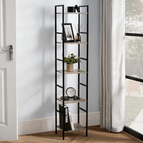 Image of OHS 5 Tier Slim Shelving Unit, Industrial Bookcase Shelf Stand for Home Office Living Room Bedroom Bathroom Narrow Shelves Storage Unit with Metal Frames, Grey - 140 x 30 x 24cm