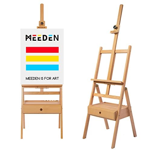 Image of MEEDEN Studio H-Frame Easel with Art Supply Storage Drawer - Adjustable (60"~75") Solid Beech Wood Easel Stand for Artists, Students and Adults, Holds Canvas Art up to 35"