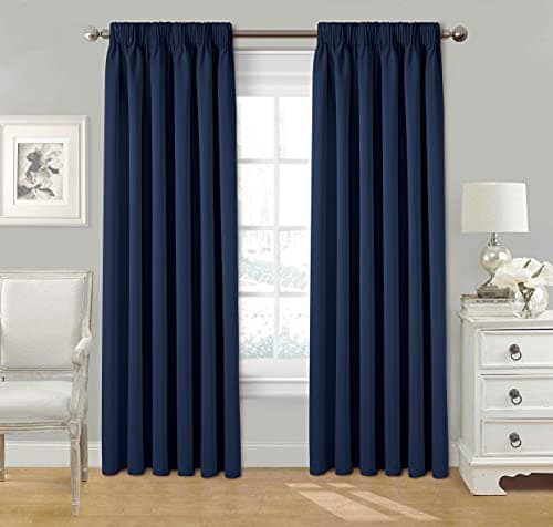 Image of StylemyBedroom Pair Pencil Pleat Tape Top Plain Thermal OUT LINED Curtains with Tie Backs 90" x 72" - Navy Blue