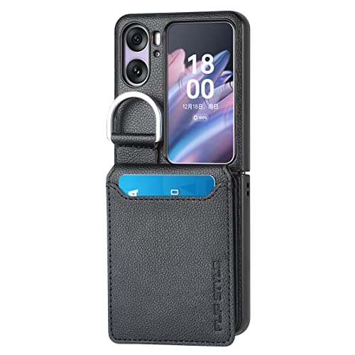 Image of Knoowcase for Oppo Find N2 Flip Case Wallet Shockproof Cover Flip Bumper with Ringholder Card Slots Hidden Kickstand Anti-Drop Protective Back for Oppo Find N2 Flip, Black