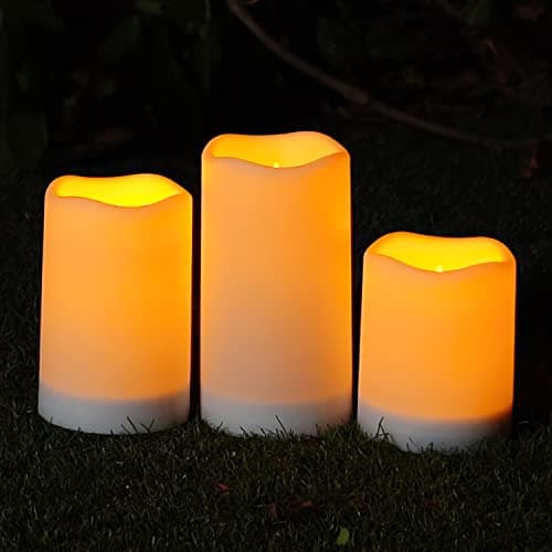 Image of Homemory Solar Candles Outdoor Waterproof, Rechargeable Solar Powered Flameless Candle Lights for Outside Lanterns, Fake Pillar Candles, Garden Electric LED Candle Set of 3， 3"x 4" 5" 6"