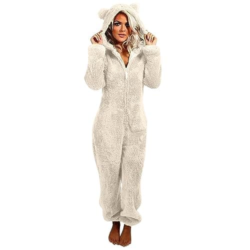 Image of Fleece Onesies for Women Zip Up Warm Fluffy Onesie All in One Pyjamas Ladies Hooded Fleece Pajamas Nightwear Onesies Sleepwear Loungewear Autumn Winter Jumpsuit Playsuit Adult Onesies