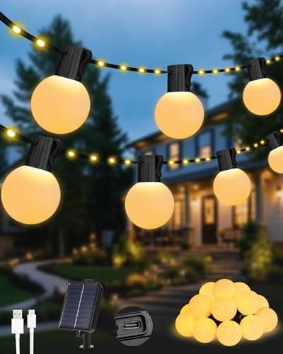 Image of NWPUSZ Solar Garden String Lights Outdoor, 33Ft/10M 100LEDs Solar Powered Fairy Lights with 20 Shatterproof G40 Bulbs, 8 Modes Waterproof USB/Solar Festoon Lights for Fence Camping Decor (Warm White)