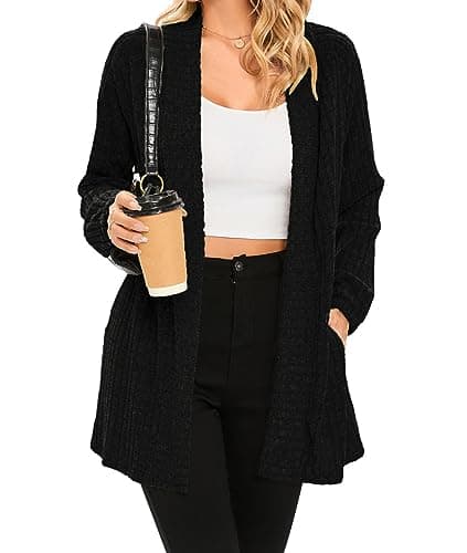 Image of iChunhua Lightweight Casual Long Sleeve Open Front Black Cardigans for Women UK with Pockets (Black, Small)