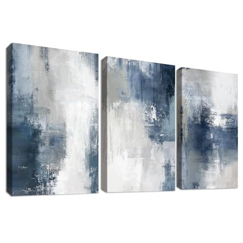 Image of 3 Pcs Wooden Framed Canvas Wall Art Set Nordic Abstract Painting on Canvas Prints Poster Blue Grey White Minimalist Pictures for Living Room Bedroom Hallway Stairs Wall Decor 30x40 cm x3pcs