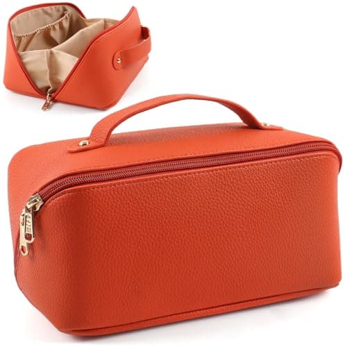 Image of MAMUNU Large Capacity Cosmetic Travel Makeup Storage Bag with Handle Portable Zipper Cosmetic Toiletry Makeup Bag Large with Compartments for Women Girls (Orange)