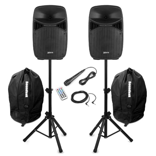 Image of Vonyx VPS102A 10-Inch Active PA DJ Speakers with Bluetooth, LED Lights, Tripod Stands, Microphone & Carry Bags - 600W Compact DJ Speaker System for Parties, Karaoke & Events