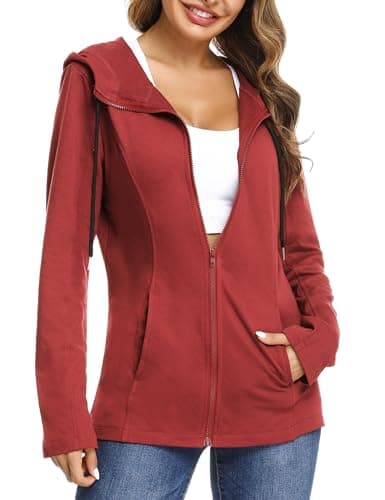 Image of Aottori Zip Up Hoodie Women Ladies Long Sleeve Hoodies Basic Zipper Hooded Sweatshirts Lightweight Sports Running Jacket with Pocket Red M