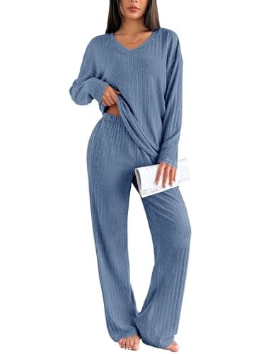 Image of Ekouaer Women's Pyjamas Set Ribbed Knit Winter Pjs Set Lounge Set Long Sleeve Sleepwear with Warm Fluffy Fabric, Grey blue XL