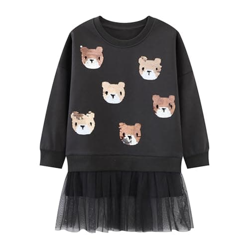 Image of Dioshark Sweatshirts for Girls Grey Long Sleeve Cotton Kids Jumpers Glitter Sequins Bear Pattern Pullover with Crew Neck Spring Autumn Sports School Daily T-shirts Outfits for Children Age 5-6 Years