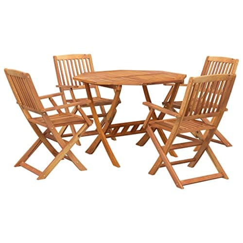 Image of vidaXL Acacia Wood Outdoor Dining Set - 5-Piece, Foldable Garden Chairs & Round Table with Parasol Hole, Oil-Finished Surface