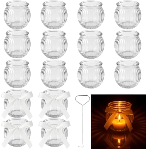 Image of Ferenando 16 Pcs Glass Tealight Holders, Ø5.2cm x H5.5cm, Vintage Tea Light Candle Holders with Ribbon & Hook, Elegant Small Glass Candle Holders for Weddings, Christmas, Party, Home Decoration