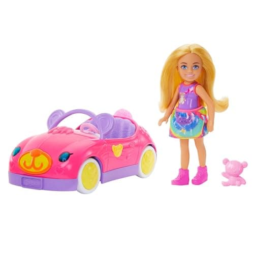 Image of Barbie Chelsea Toy Car Set with Bear-Themed Convertible & Teddy Bear Accessory, Blonde Small Doll Wears Removable Skirt & Shoes, HXN05