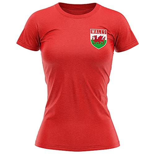 Image of Womens Wales Shirt - Womens Wales Flag Badge T Shirt - Football Country European Supporters 2020 Retro Dragon Tee Her - Welsh Cymru Tournament 2021 Footy Soccer Top, M, Red