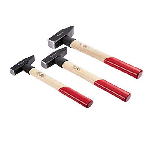 Image of Amazon Basics Engineer's Hickory Wooden Handle Hammer Set, 3 Pieces, 300g, 500g, 1000g, Black, Silver, Brown