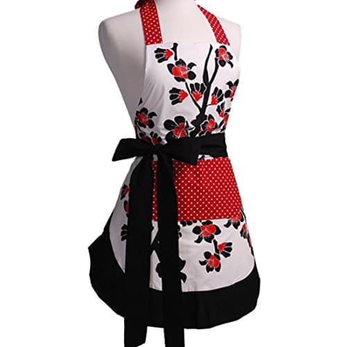 Image of LroHan Women's Floral Apron with Pockets Vintage Ladies Adjustable Chefs Aprons for Kitchen Cooking Baking and Gardening